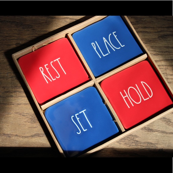 RAE DUNN REST/SET/HOLD/PLACE red/blue ceramic coaster set NIB - Picture 11 of 15